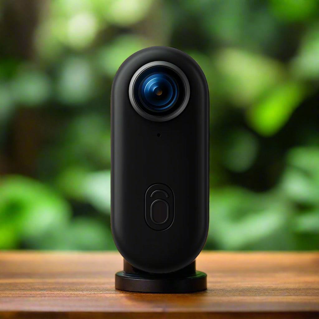 Black camera with a blue lens on a white background