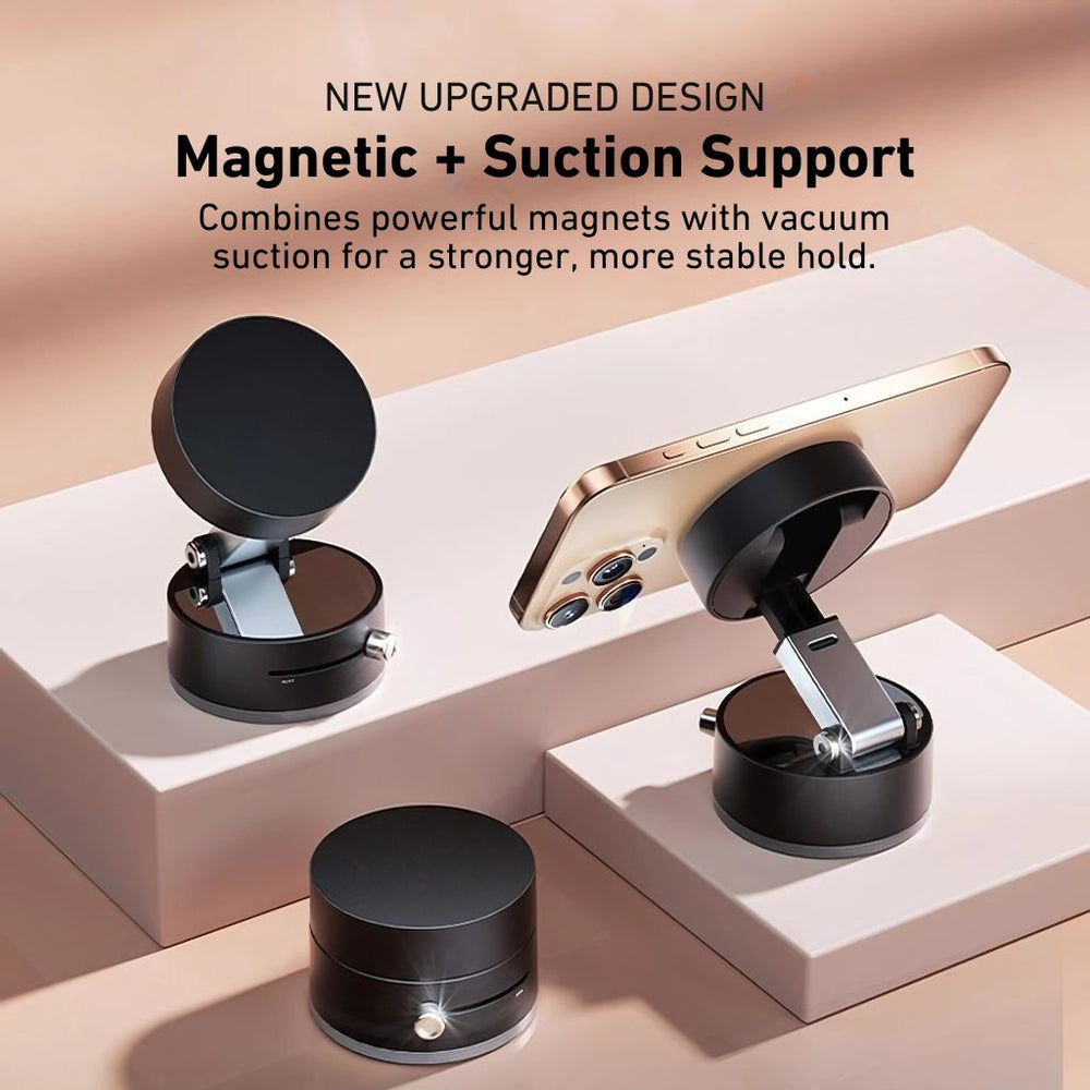 Phone holder with magnetic and suction support on a beige background